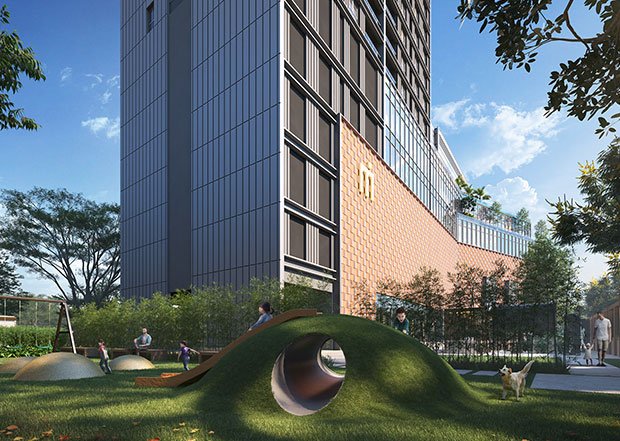 Children playing outside modern apartment building