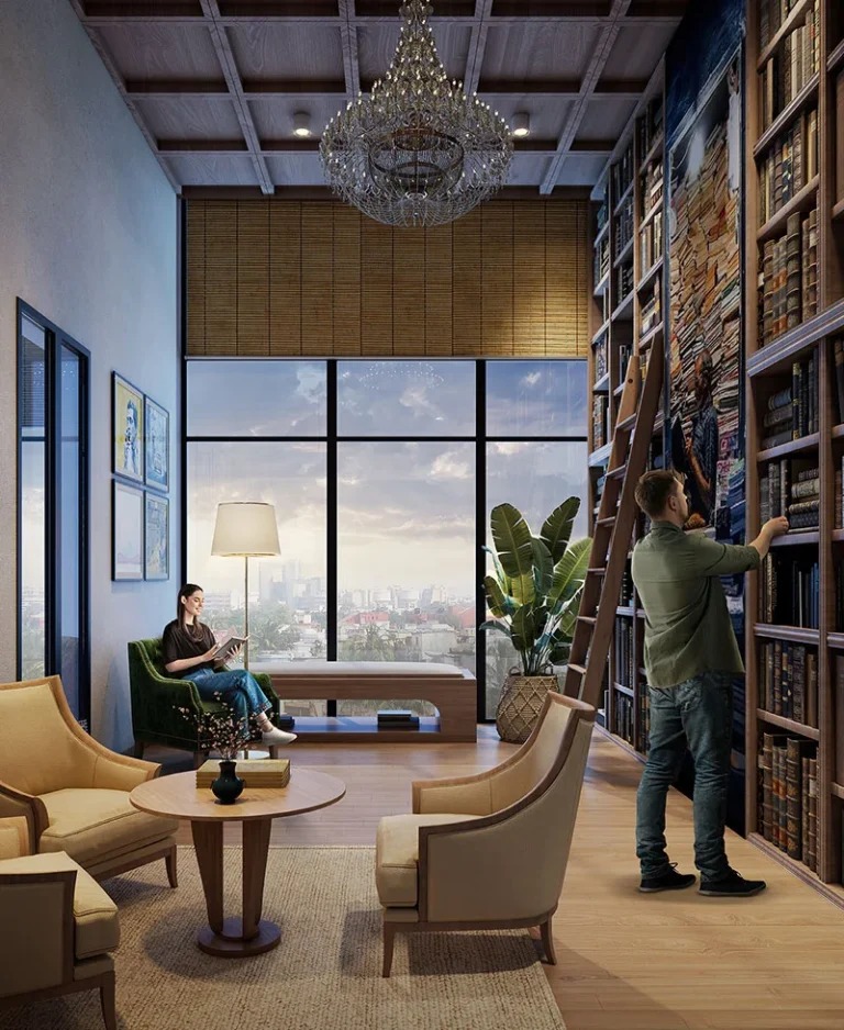 Cozy modern library with city view