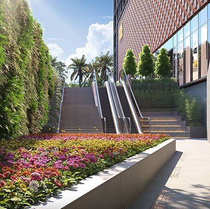 Outdoor escalator with garden and flowers