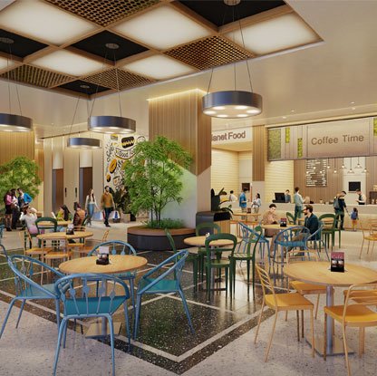 Modern indoor food court with seating