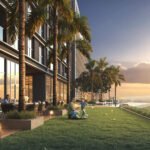 People playing garden near building sunset