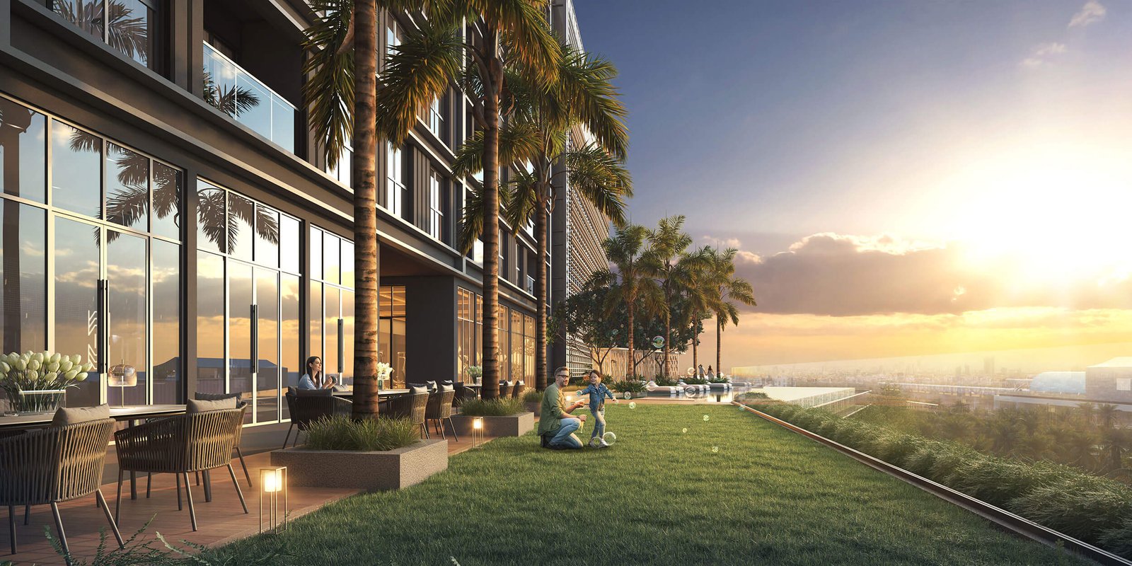 People playing garden near building sunset