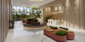 Modern lobby with plants and seating