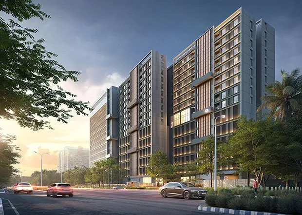 Modern residential apartment buildings on city street