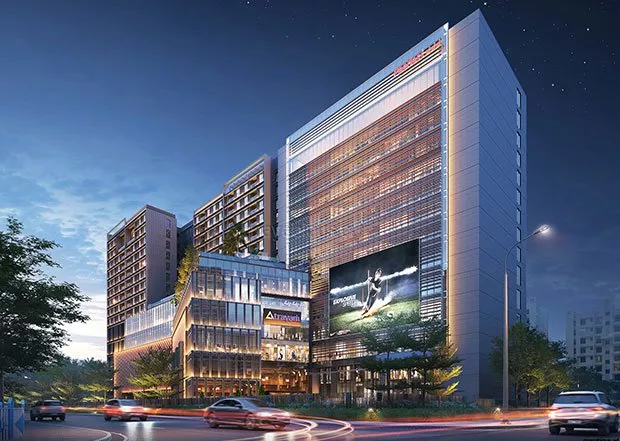 Modern commercial building illuminated night view