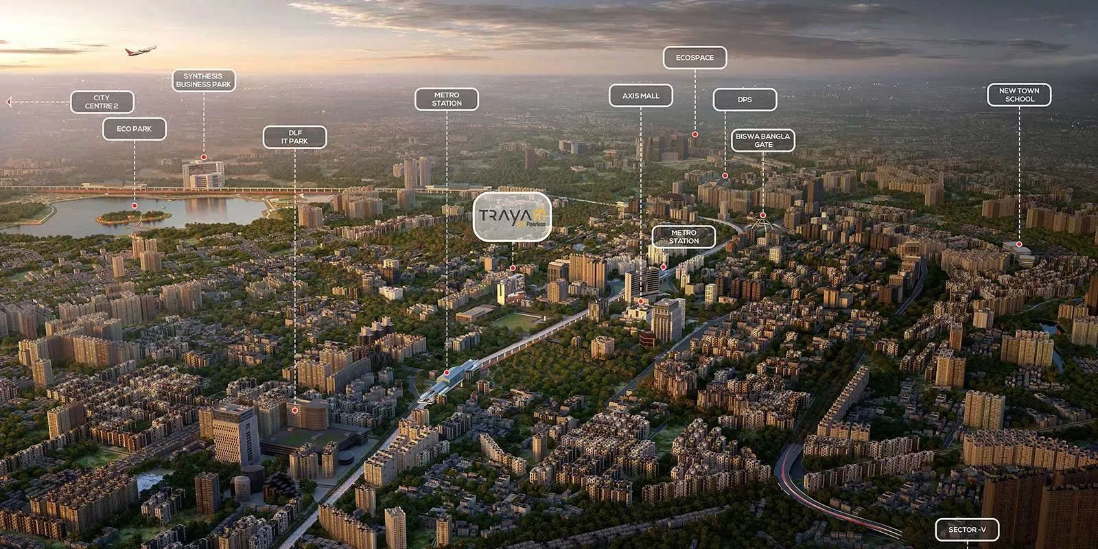 Aerial view of city landmarks map