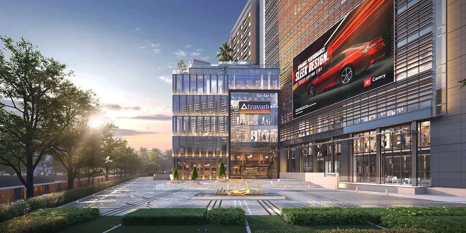 Modern glass commercial building with billboard