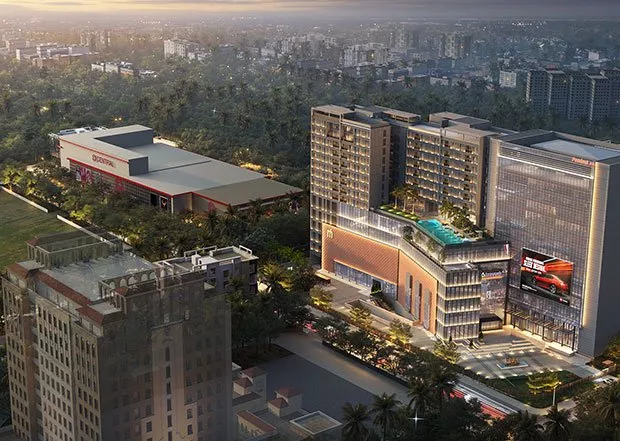 Modern hotel and shopping complex aerial