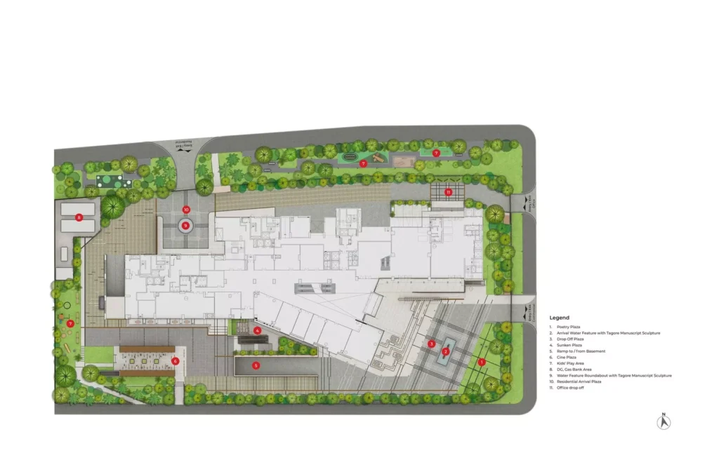 Building site layout with landscaped zones