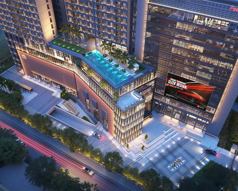 Modern high-rise with rooftop pool view